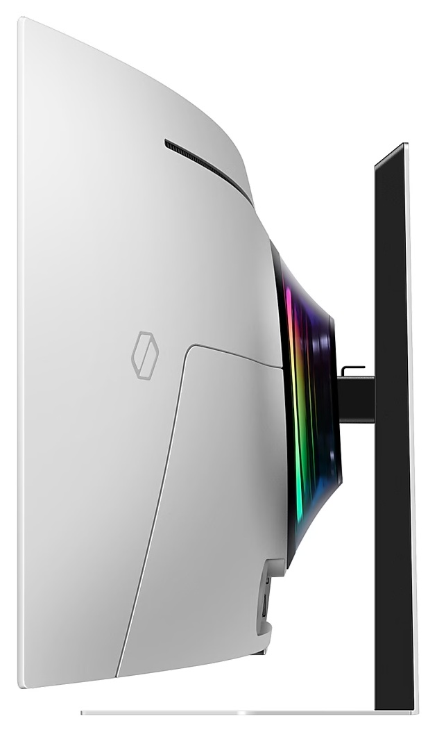 Widok z boku białego zakrzywionego monitora z kolorowym paskiem świetlnym z tyłu i czarną podstawą.