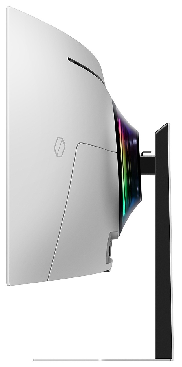 Widok z boku białego monitora komputerowego z zakrzywionym ekranem i podstawką.