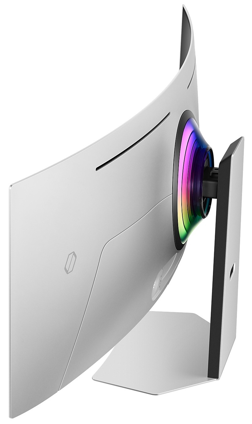 Biały, zakrzywiony monitor z kolorowym pierścieniem świetlnym z tyłu.