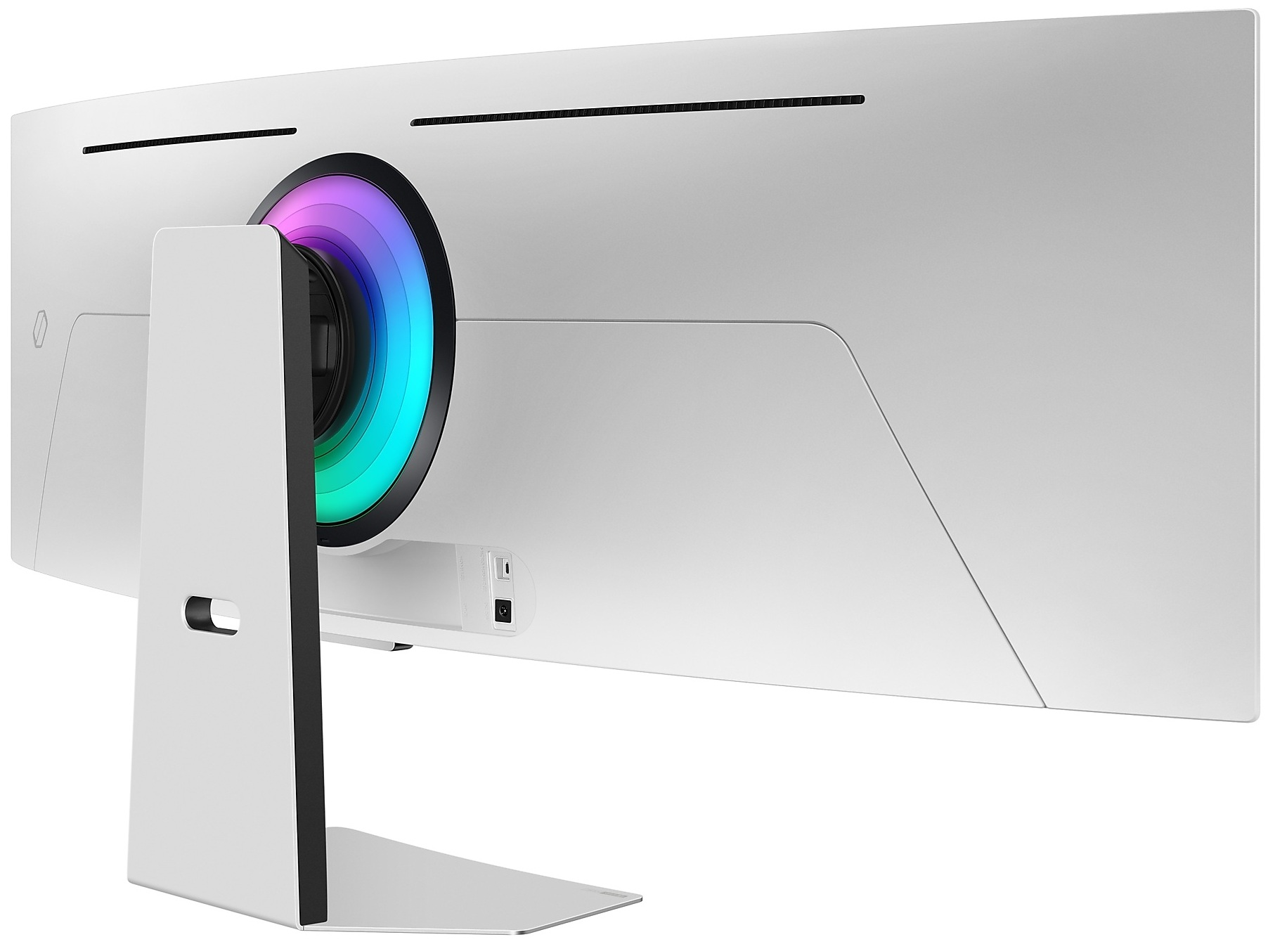 Tył białego zakrzywionego monitora z kolorowymi światłami i podstawką.