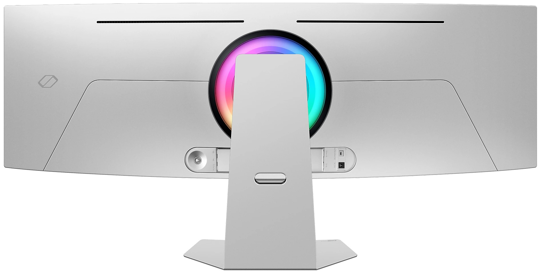 Tył białego monitora z podstawką. Białe tło.