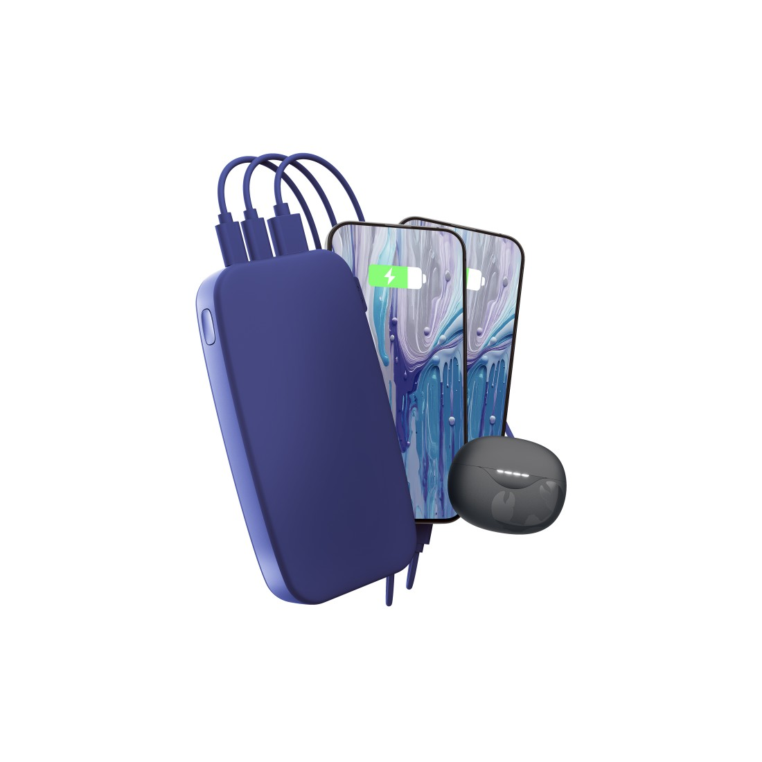 Eine dunkelblaue Powerbank mit drei Ladekabeln und zwei ladenden Telefonen sowie Ohrhörern.