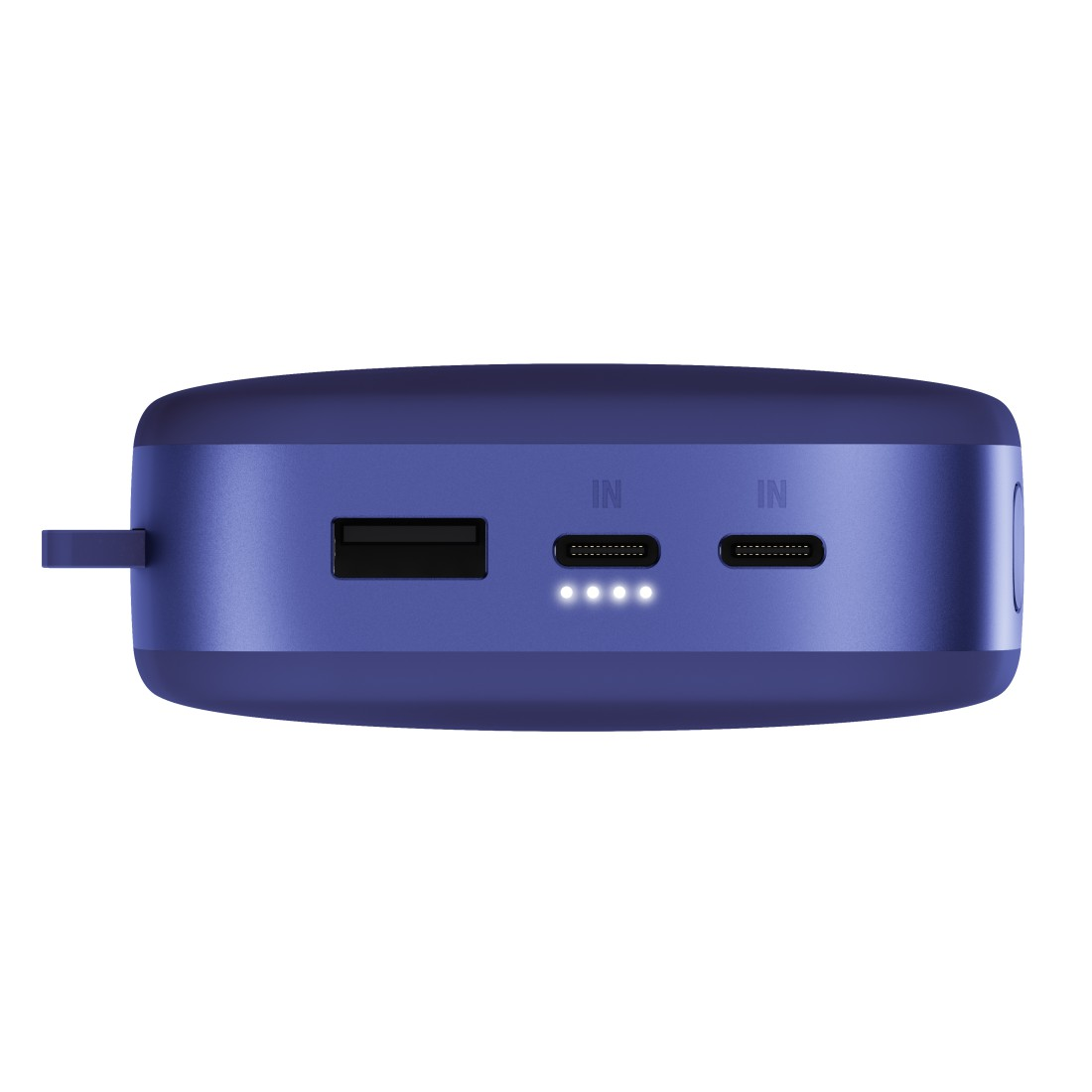 Nahaufnahme einer blauen Powerbank mit USB- und USB-C-Anschlüssen und LED-Ladeanzeigen.