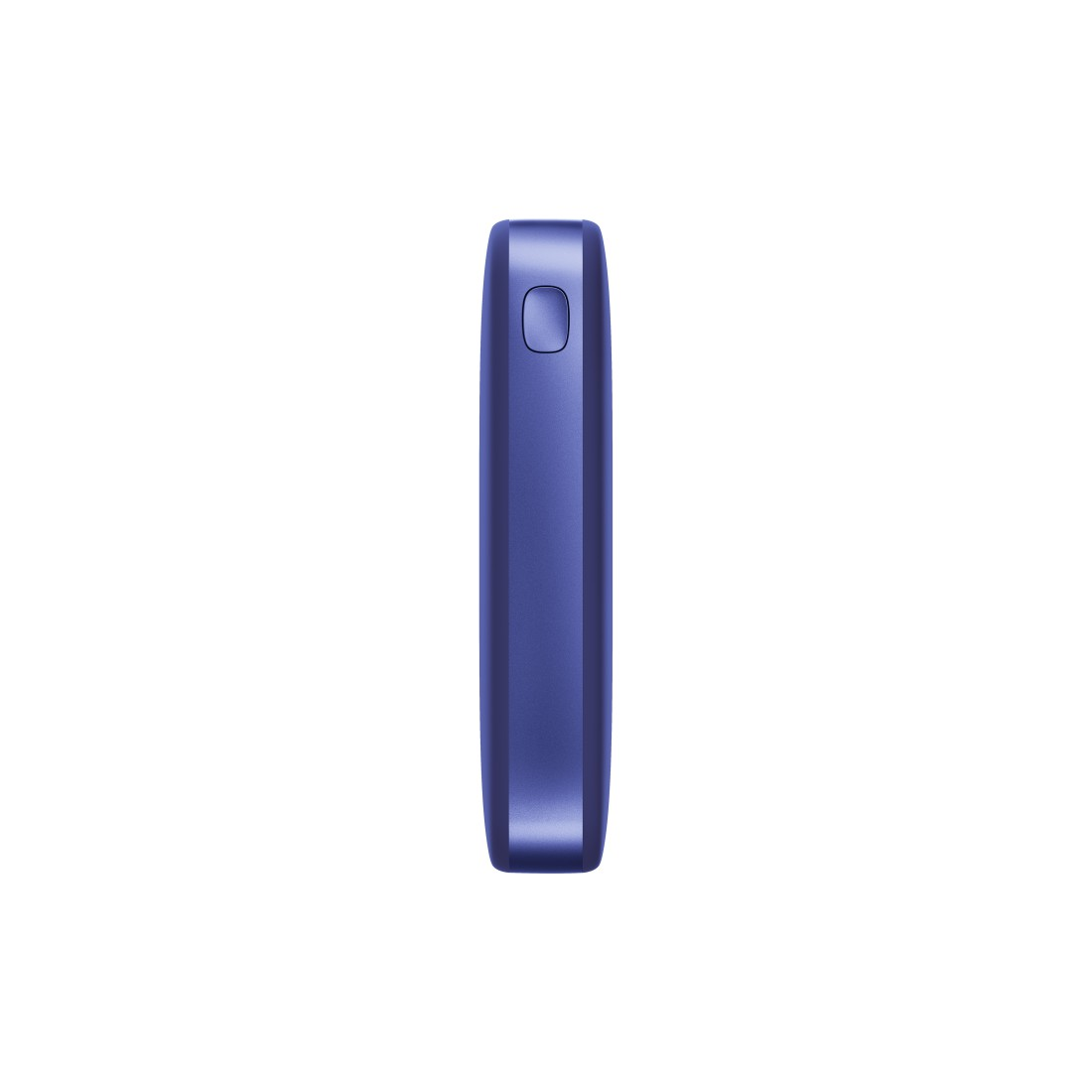 Ein hohes, schmales, blaues Gerät mit einem einzigen Knopf auf der Vorderseite, von vorne gesehen.