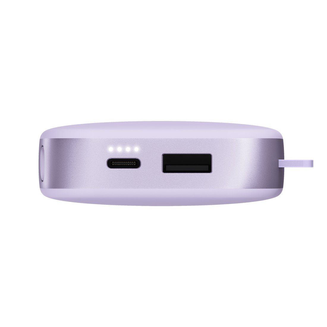 Eine hellviolette Powerbank mit Ladeanschlüssen und einer kleinen Schlaufe.