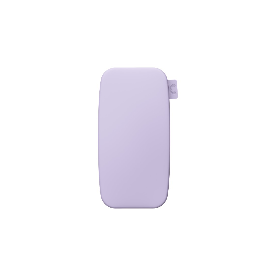 Eine lavendelfarbene, rechteckige Powerbank mit kleiner Schlaufe, vor weißem Hintergrund.