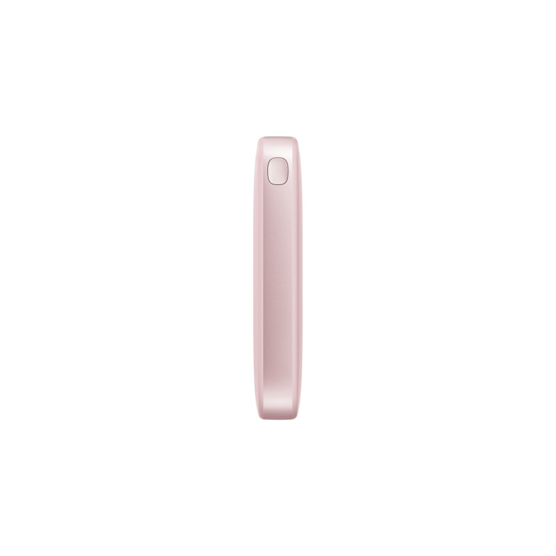 Eine rosa, rechteckige Powerbank, von der Seite gesehen, mit einem einzigen Knopf auf der Oberfläche.