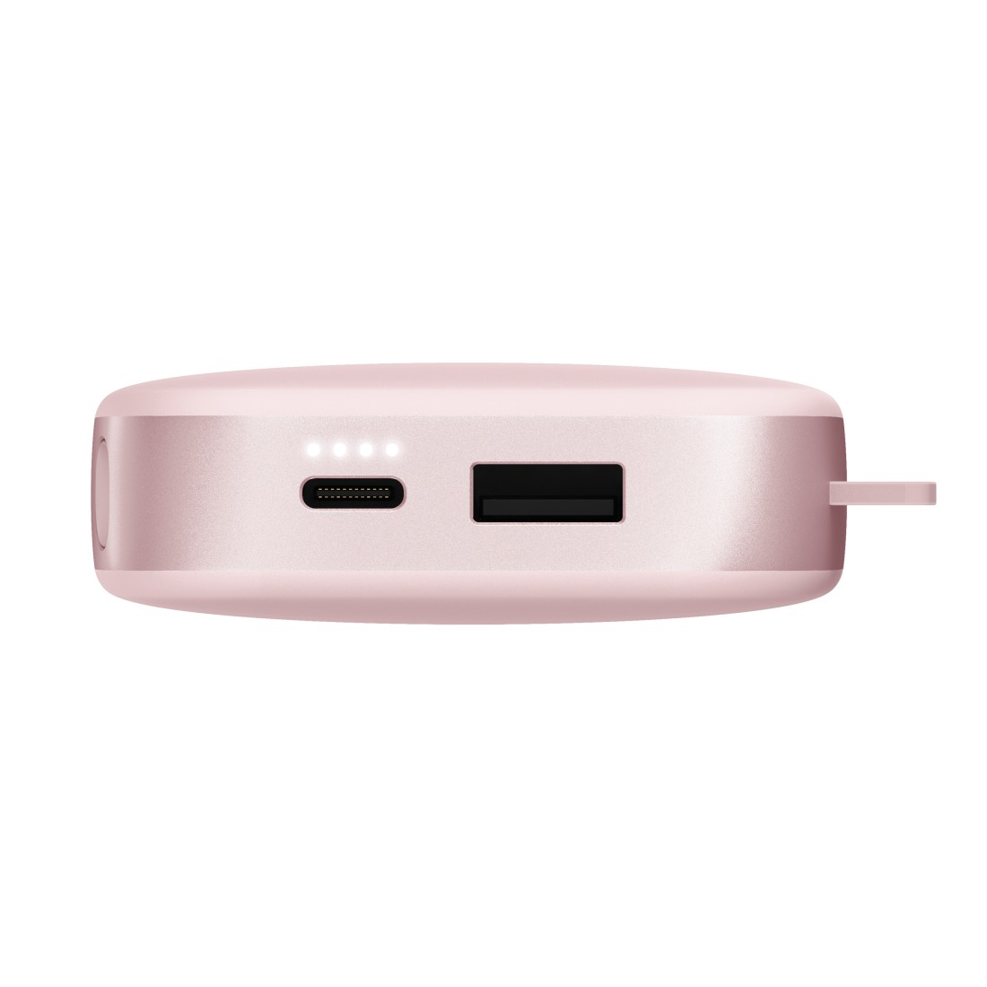 Rosa Powerbank mit USB- und USB-C-Anschlüssen. Die Powerbank ist auf weißem Hintergrund.
