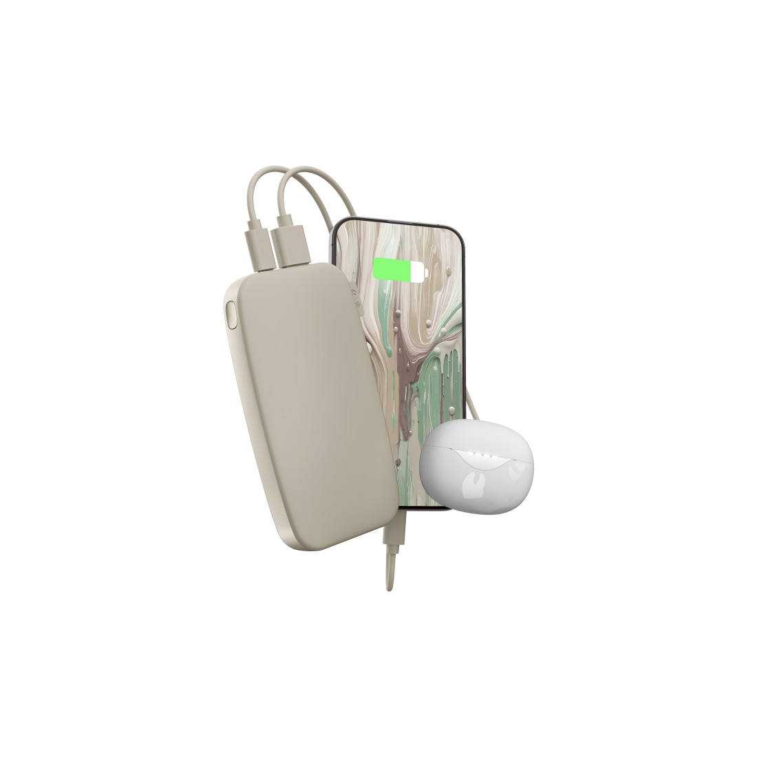 Beige Powerbank und Ohrhörer-Etui, verbunden mit einem Telefon, das mit grünem Balken lädt.