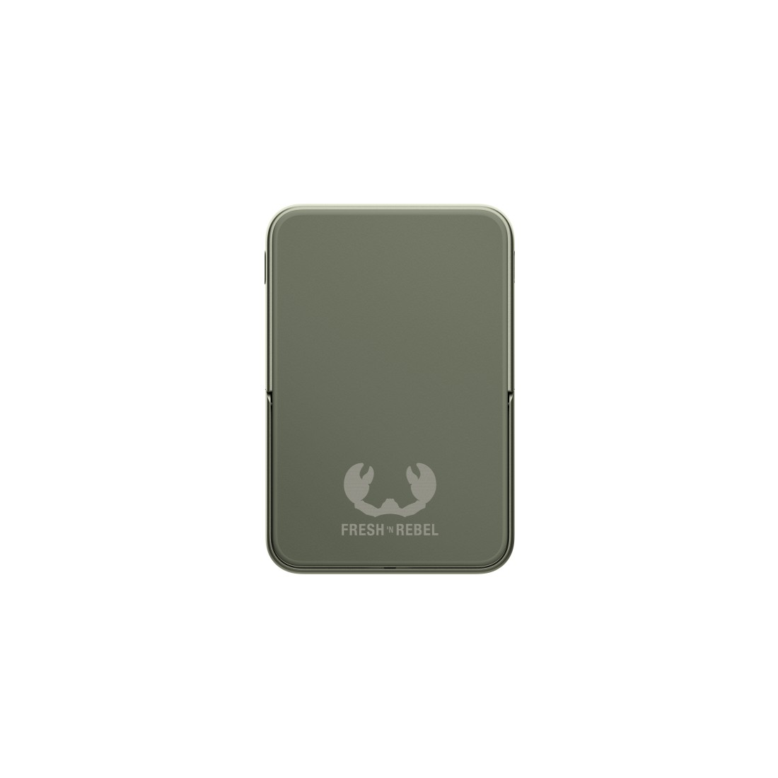 Eine grüne Fresh 'n Rebel Powerbank, von hinten gesehen, zentriert auf einer weißen Oberfläche.
