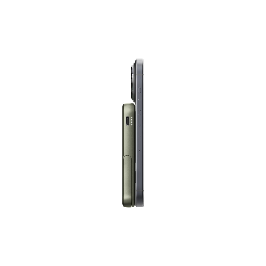 Zwei Telefone, eines grau, eines lila, nebeneinander. Das graue Telefon ist etwas dünner.