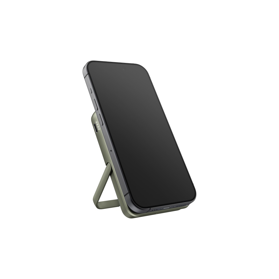 Smartphone auf einem Ständer. Der Bildschirm ist schwarz.