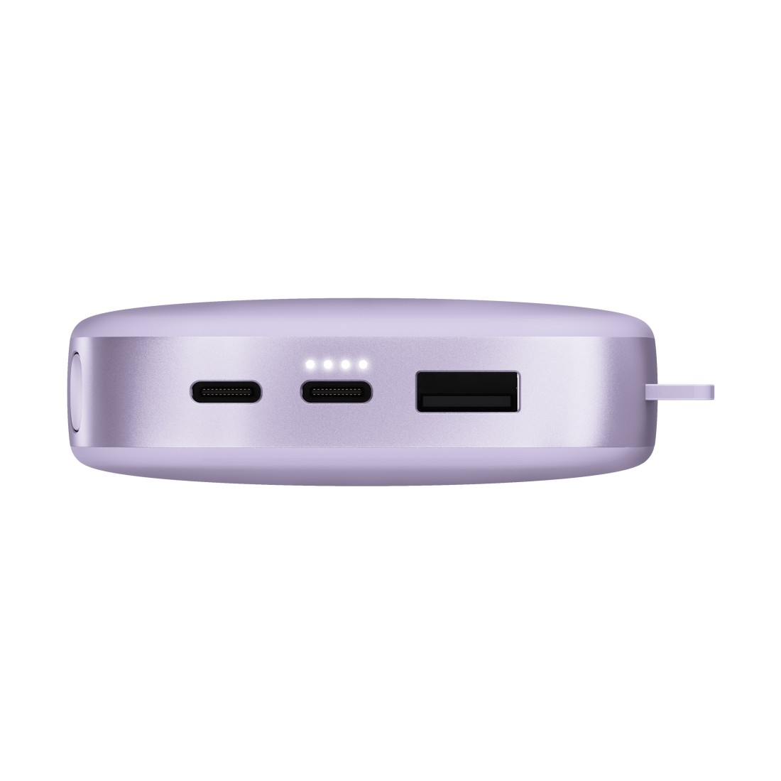 Eine lila Powerbank mit USB- und USB-C-Anschlüssen.