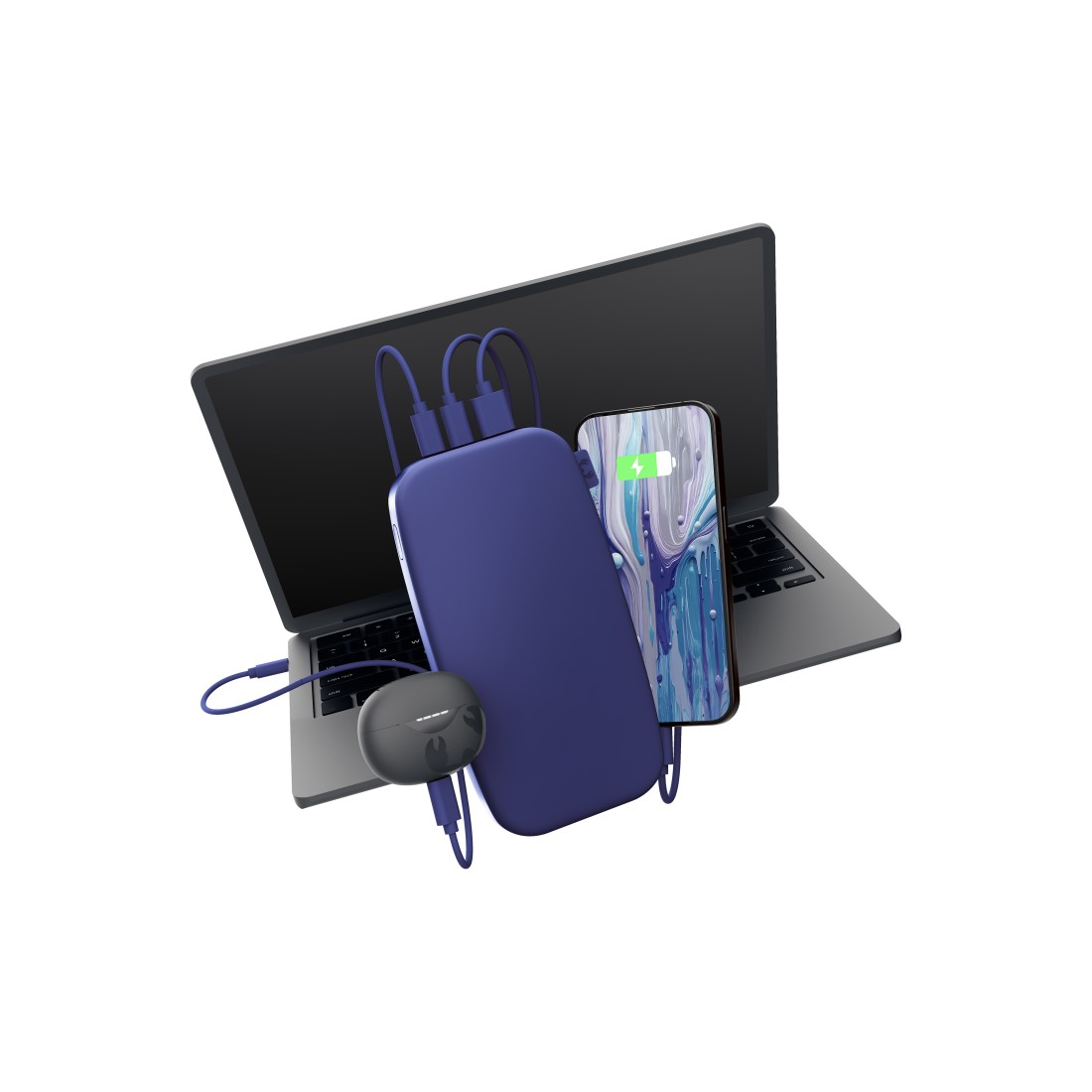 Laptop, Telefon und Ohrhörer sind mit einer blauen Powerbank verbunden. Telefon zeigt Aufladen. Weißer Hintergrund.