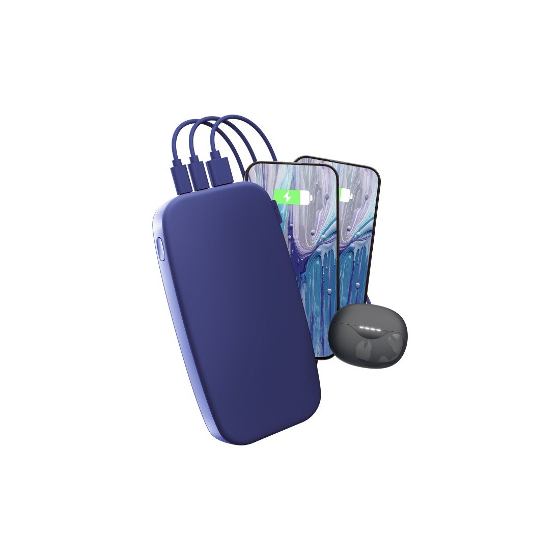 Eine blaue Powerbank mit zwei Handys und Ohrhörern. Handys werden geladen. Weißer Hintergrund.