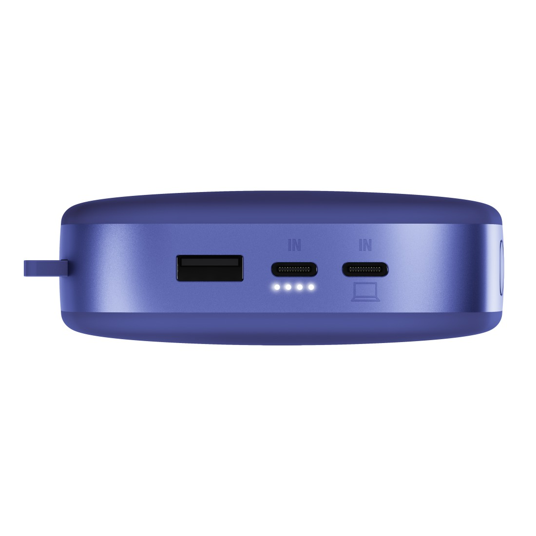 Blaue Powerbank mit Anschlüssen. Anschlüsse sind mit Text und Indikatoren beschriftet. Weißer Hintergrund.