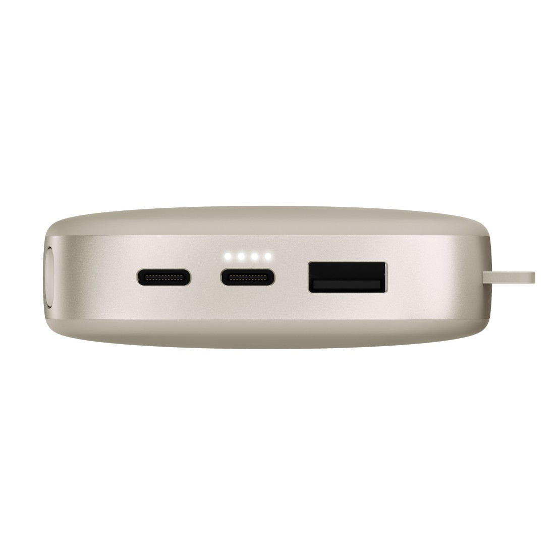 Draufsicht einer silbernen Powerbank mit Anschlüssen und Schlaufe.