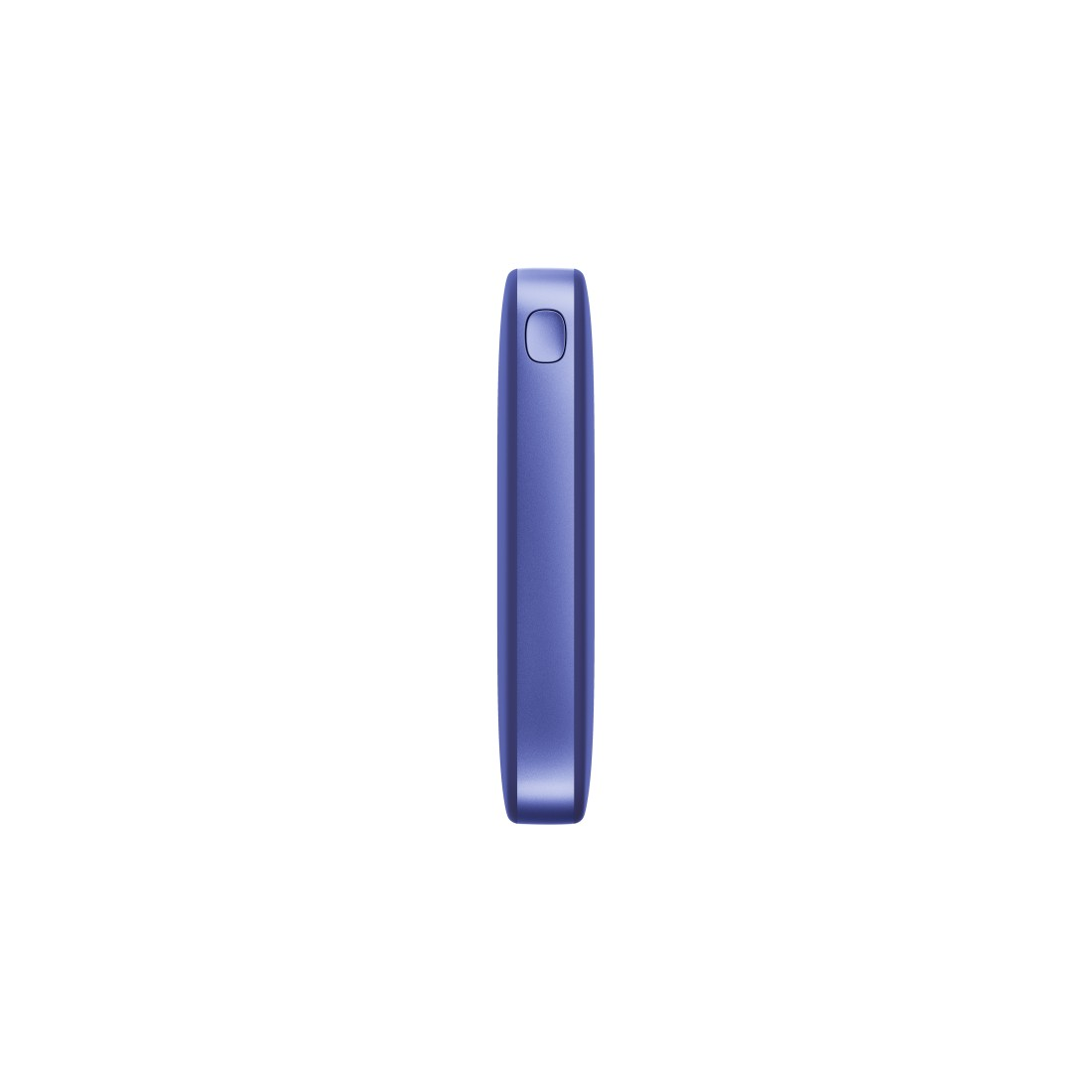 Schlankes blaues Gerät mit einem einzigen Knopf, wahrscheinlich ein elektronisches Gerät.