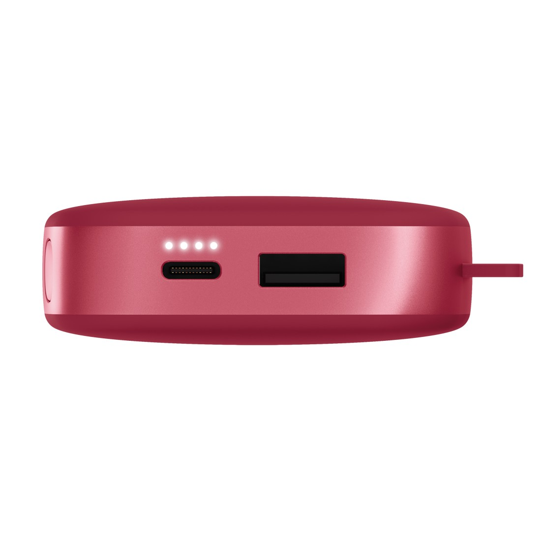 Rote Powerbank mit USB- und USB-C-Anschlüssen. Es gibt LED-Anzeigen.