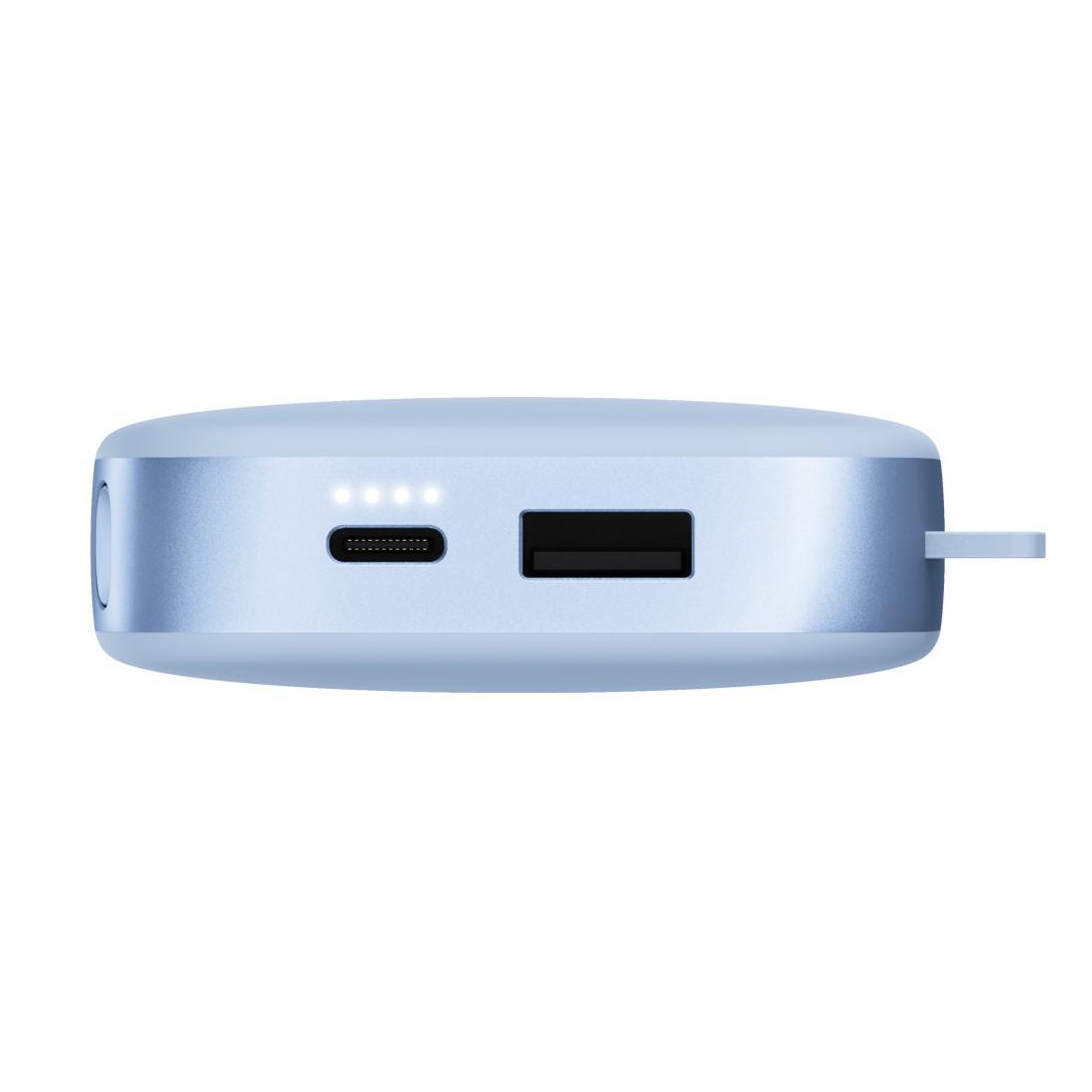 Ein hellblaues tragbares Ladegerät mit Ladeanschluss, USB-Anschluss und Ladeanzeige.