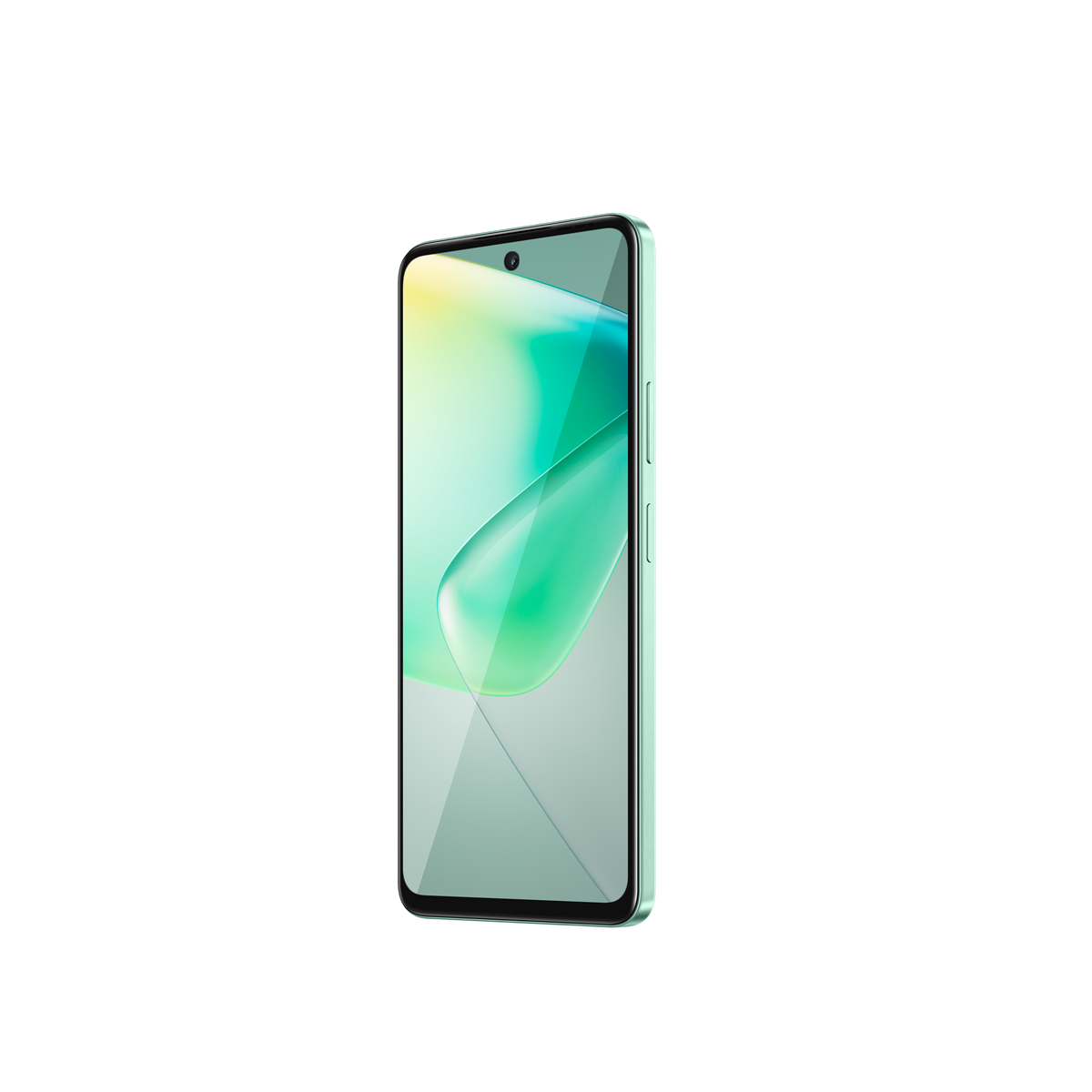 Telefon nane yeşili. Ekran, yeşil ve sarı tonlarında bir arka plan gösterir. Telefon açılı.