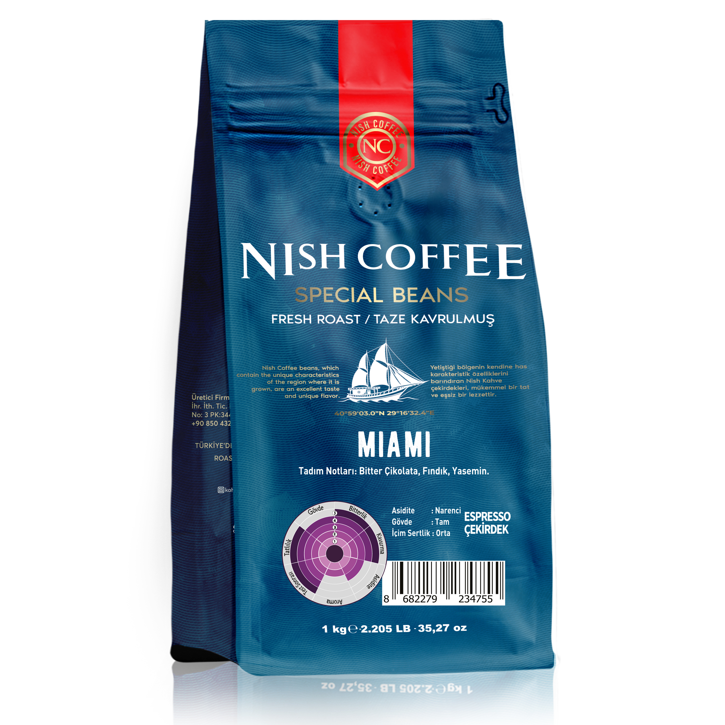Mavi Nish Coffee çantası. Çantanın üzerinde metin ve grafikler var. Özel fasulye dolu bir çanta.