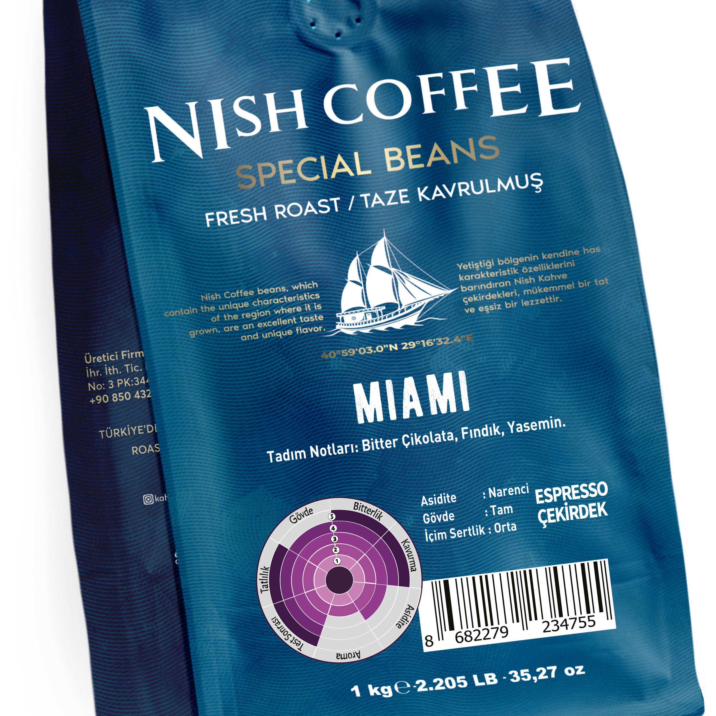 Nish Coffee Özel Çekirdekleri çantası, kahve çekirdeği diyagramı etiketi.
