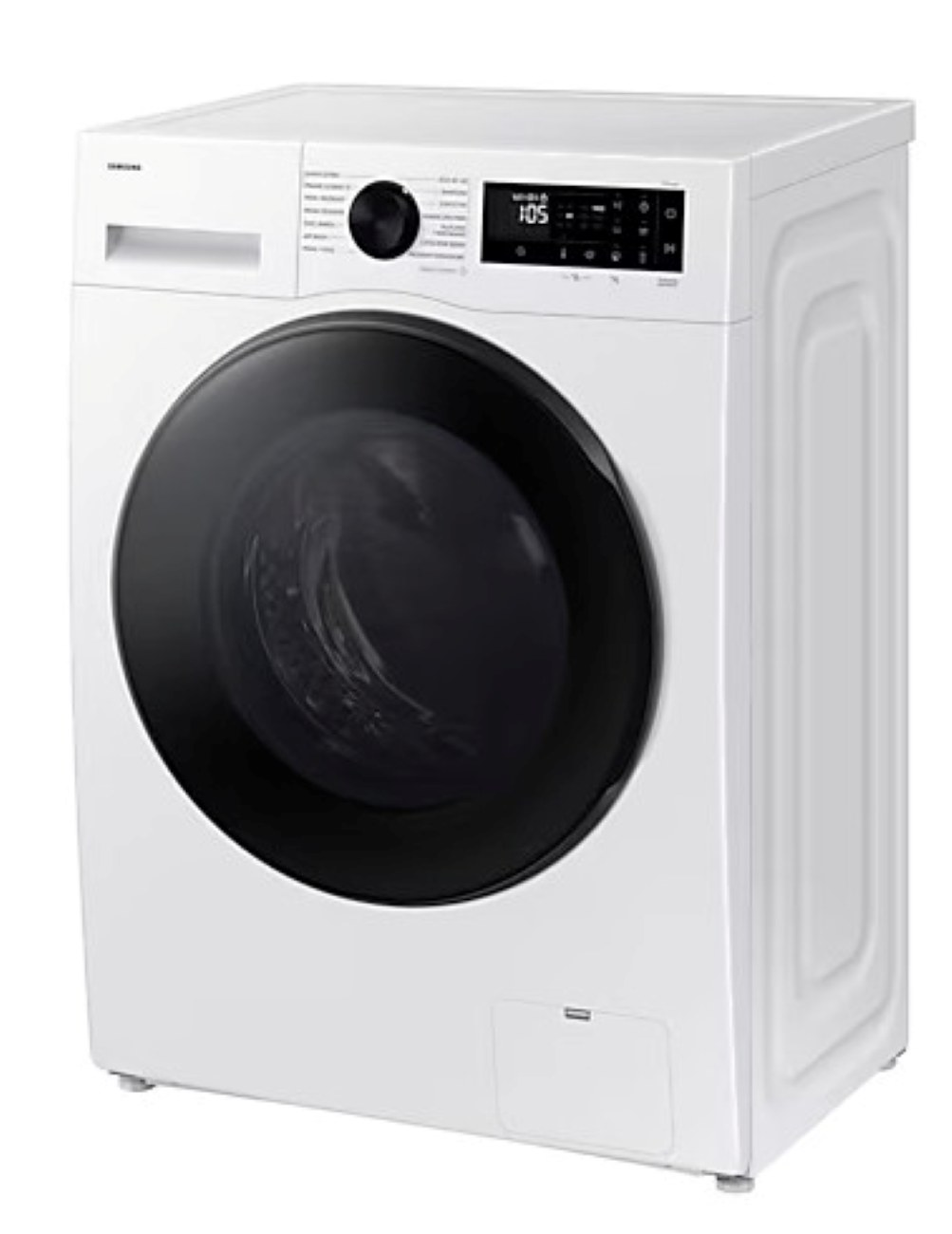Biała pralka z drzwiami ładowanymi od przodu, z panelem sterowania i wyświetlaczem cyfrowym na górze.