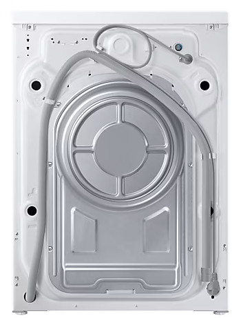 Tył białej pralki. Widoczne węże i elementy.