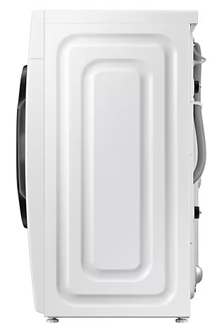 Biała pralka, widok z boku, na białym tle. Drzwi są czarne, ze szczegółowym wzorem.