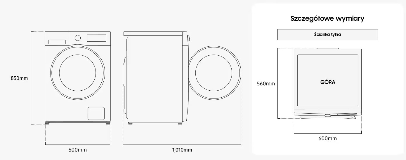 Rysunek linii pralki z wymiarami: 850 mm wysokości, 600 mm szerokości, 1010 mm głębokości.