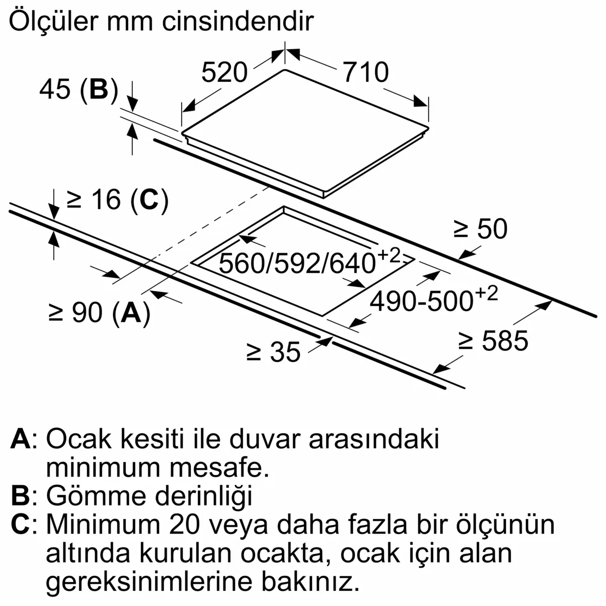 Boyutları ve Türkçe metin açıklamaları olan bir ocak çizimi.
