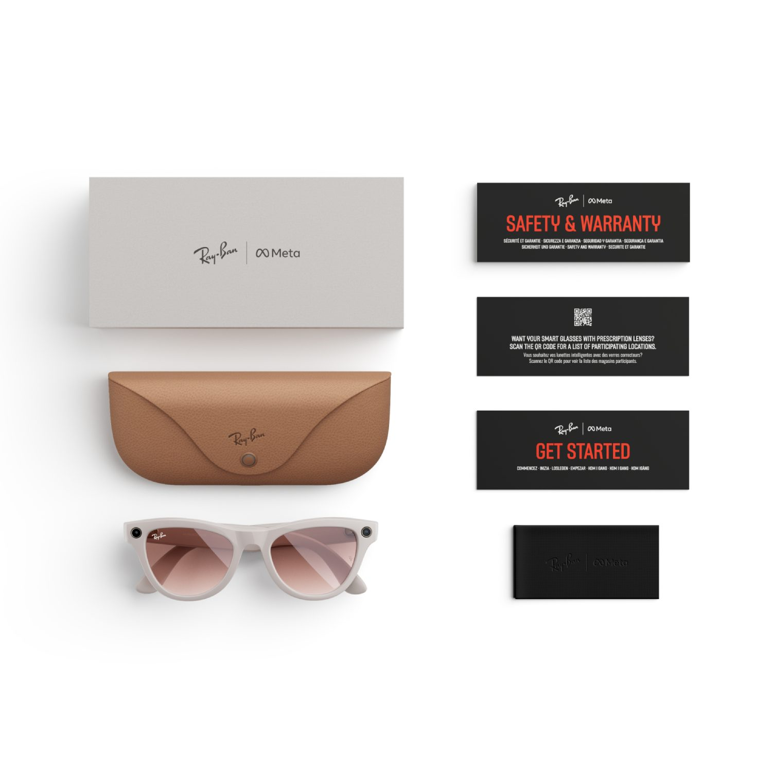 Gafas inteligentes Ray-Ban Meta, estuche, tarjetas y caja. Colores blanco y beige. Configuración plana.
