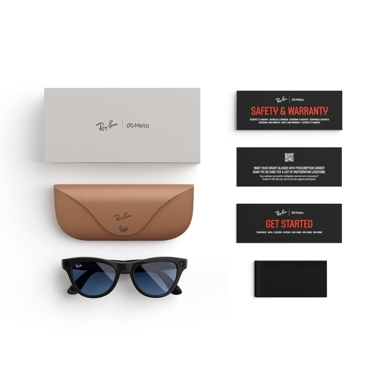 Gafas inteligentes Ray-Ban Meta, estuche, tarjetas y caja. Gafas con montura negra. Configuración plana.