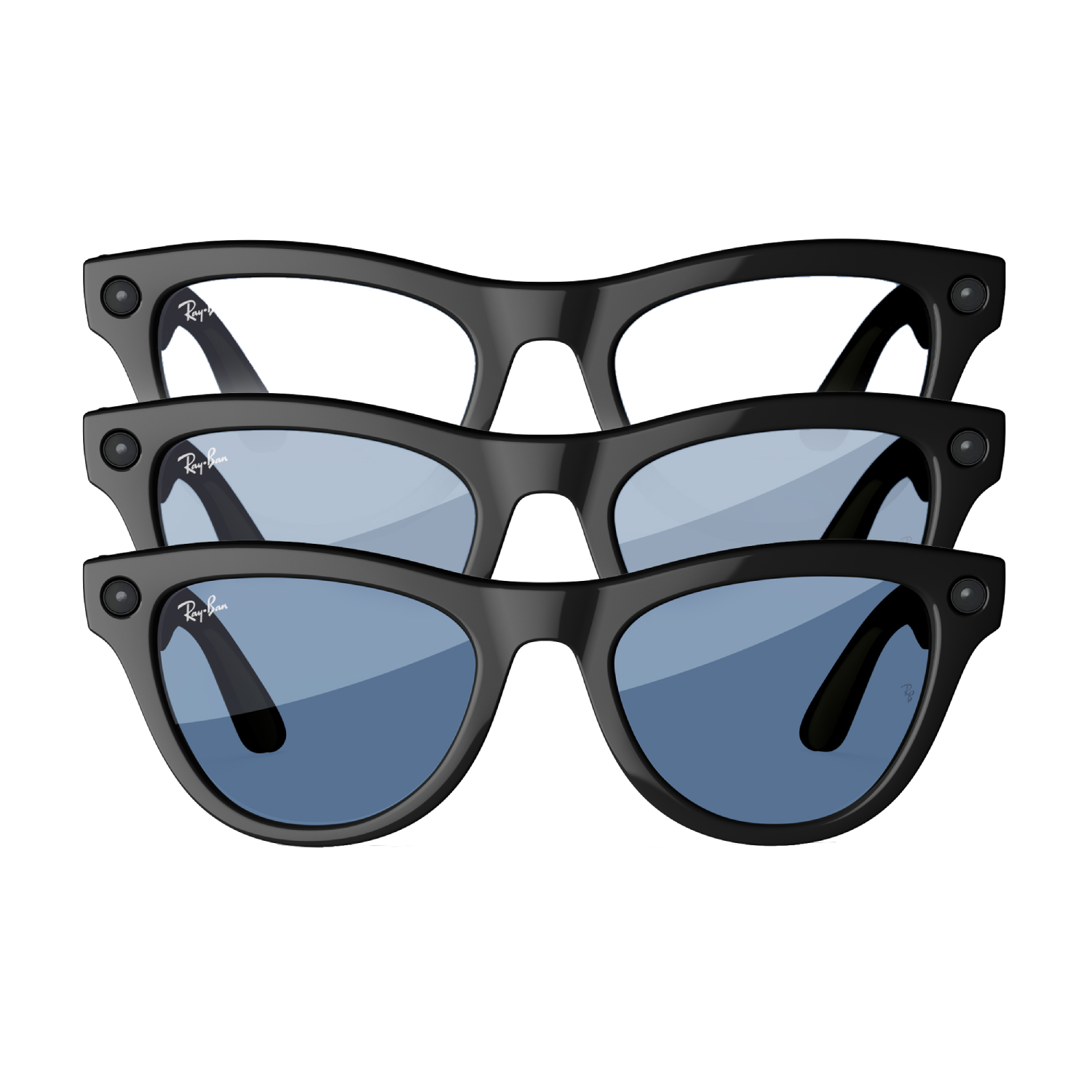 Tres pares de gafas de sol Ray-Ban negras, diferentes colores de lentes.