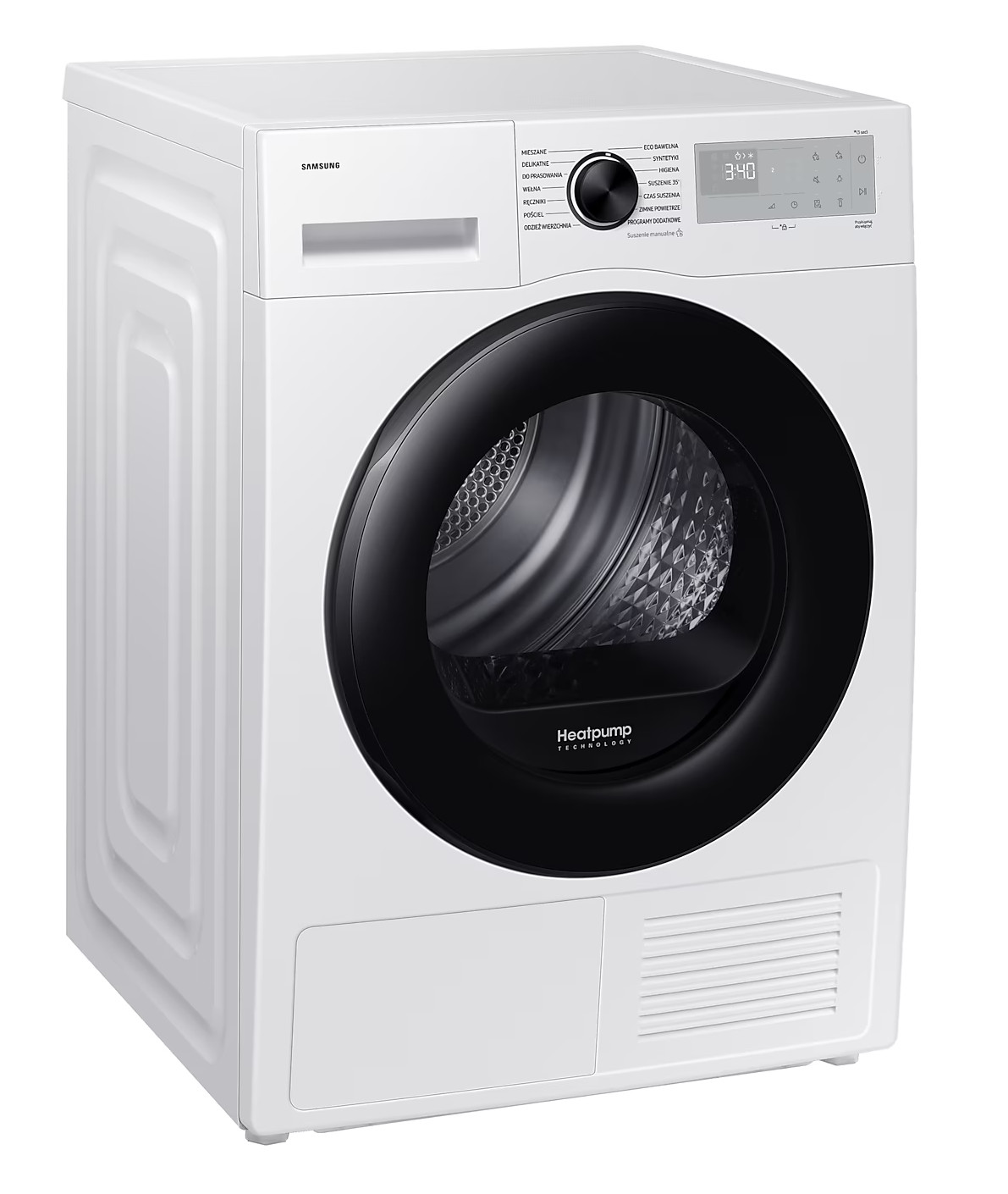 Biała suszarka Samsung z czarnymi drzwiami i panelem sterowania. Widoczny tekst Heatpump technology.