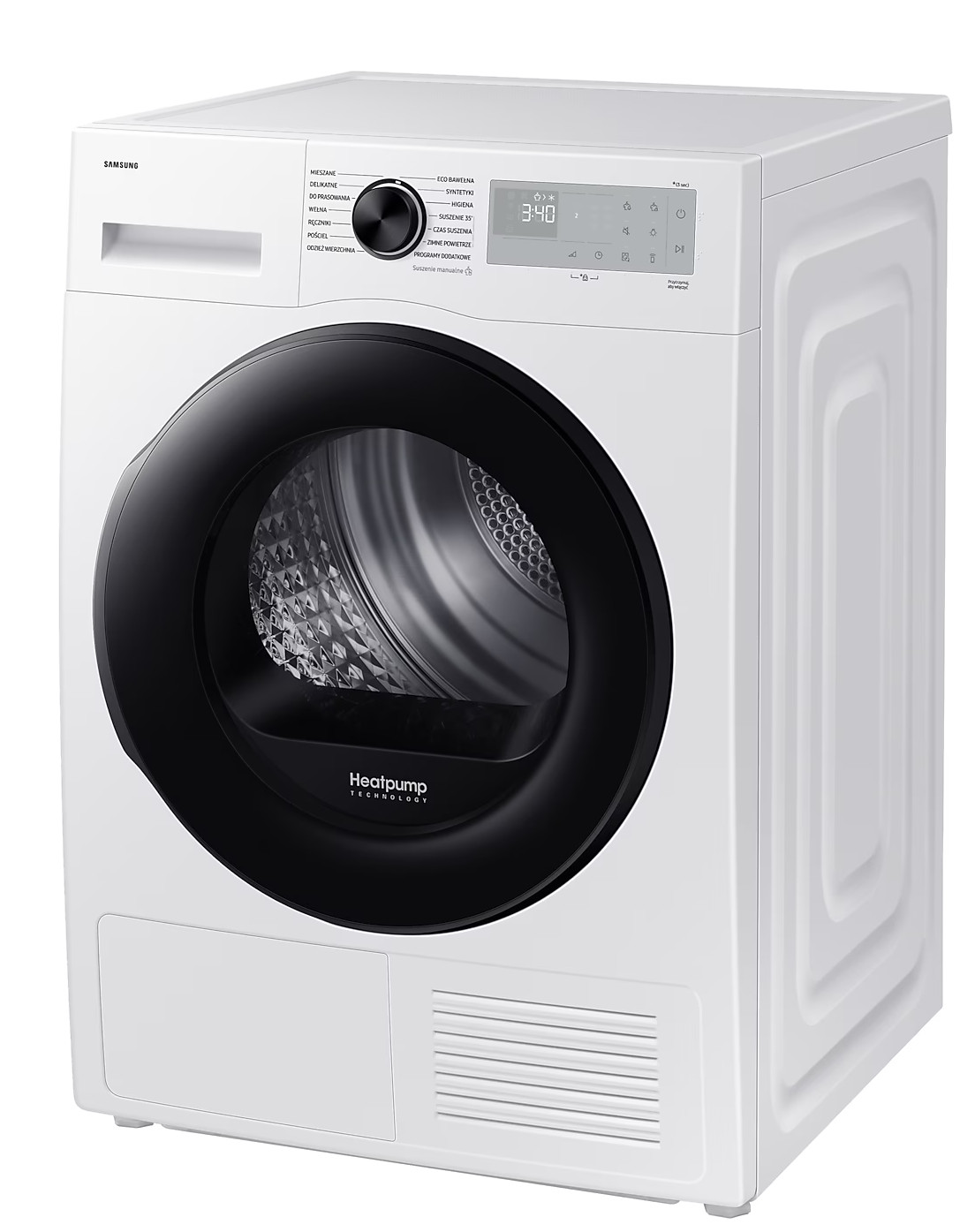 Biała suszarka Samsung z czarnymi drzwiami i panelem sterowania, z technologią Heatpump.