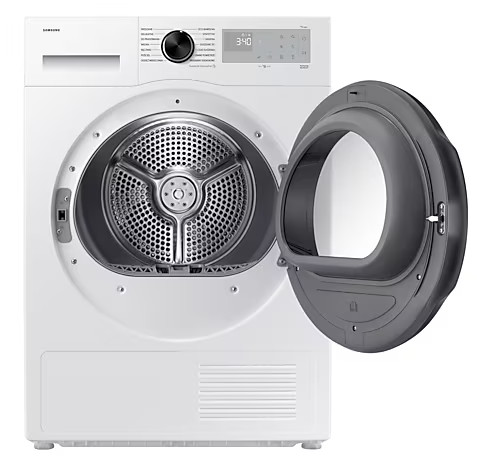 Biała suszarka Samsung z otwartymi drzwiami, pokazująca wnętrze.