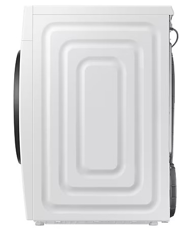 Widok z boku białej pralki, pokazujący tył z prostokątnym wzorem.