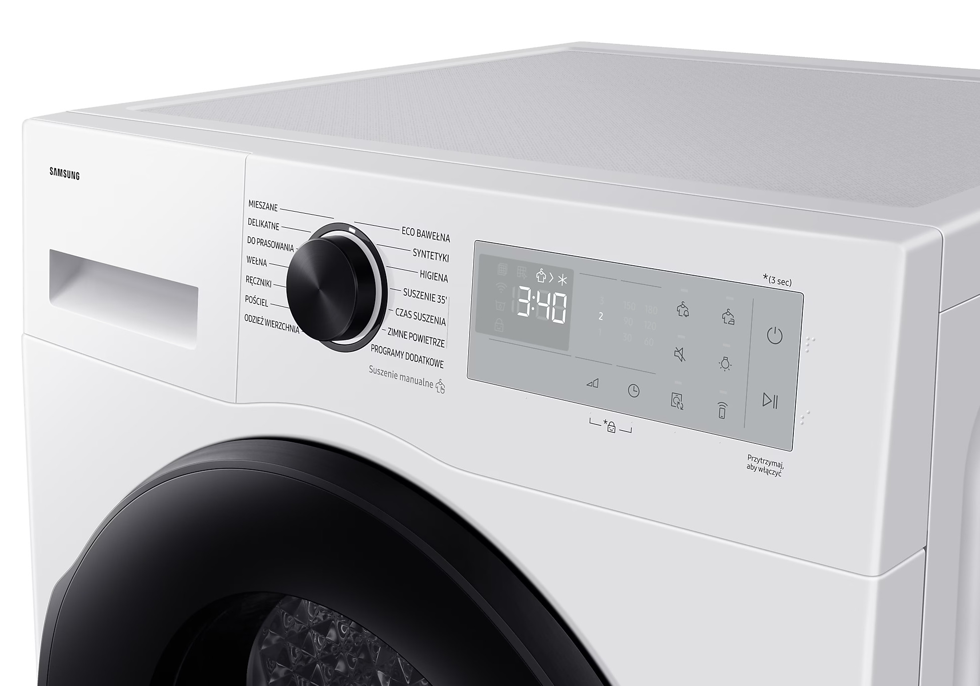 Biała pralka z cyfrowym wyświetlaczem i panelem sterowania, zbliżenie.