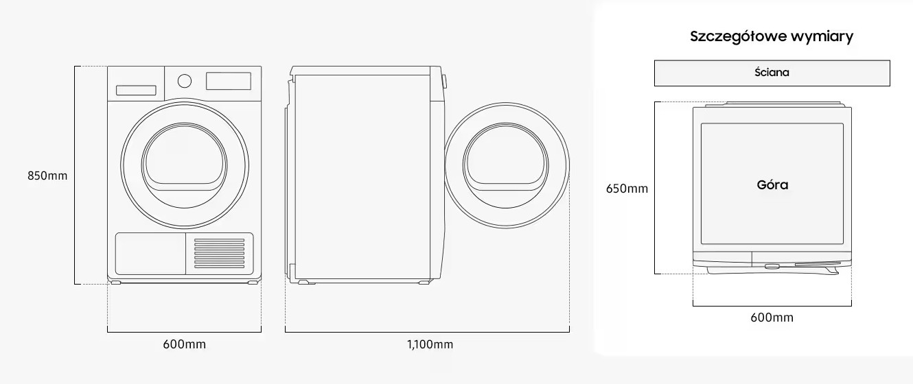 Rysunek techniczny pralki, suszarki i ich wymiarów.