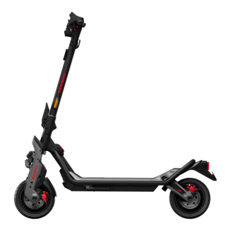 Ein schwarzer Segway-Elektroroller. Er hat rote Akzente und ein Segway-Logo.