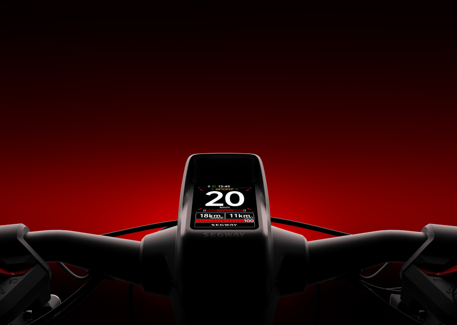 Ein Segway-Roller-Dashboard, das Geschwindigkeit und andere Daten anzeigt. Roter Hintergrund.