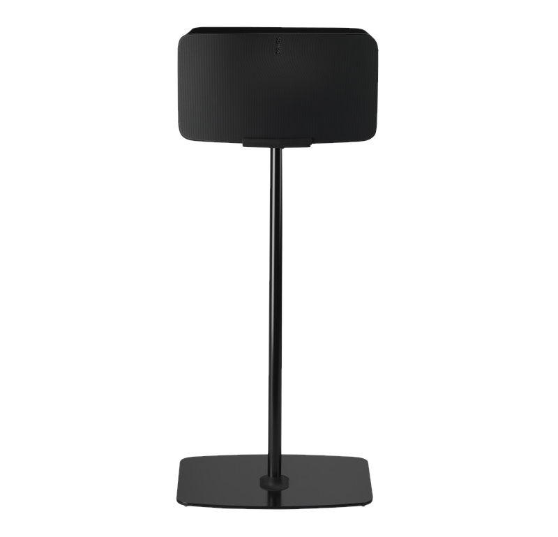 Haut-parleur noir sur pied, socle noir, fond noir.