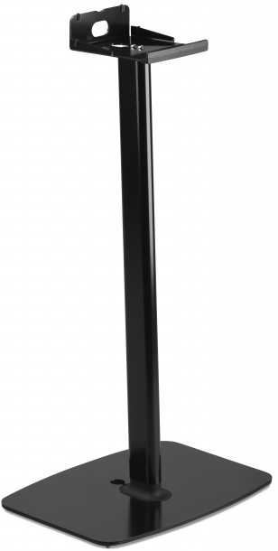 Support d'enceinte noir sur fond blanc. Il est grand et vertical.