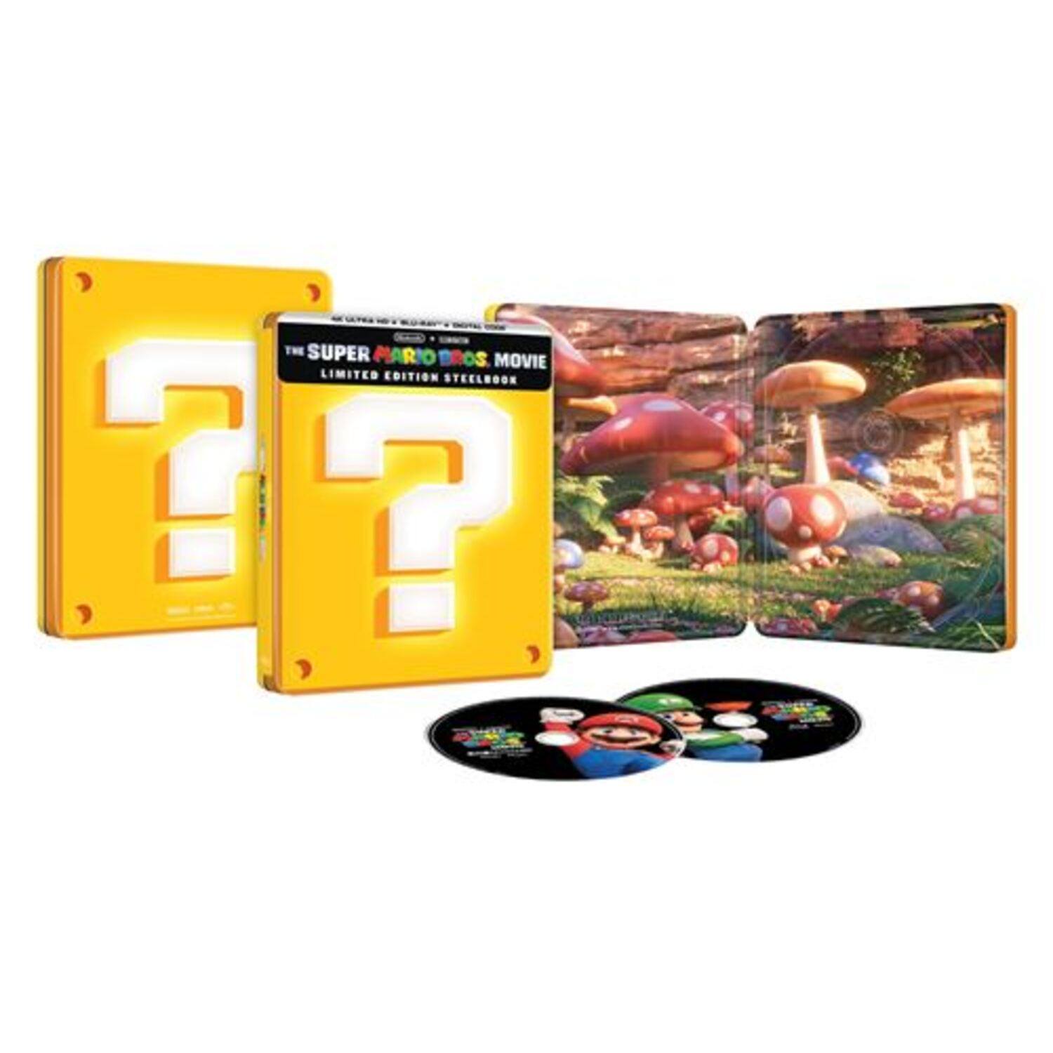 The Super Mario Bros. Movie steelbook case, with discs and a mushroom scene.