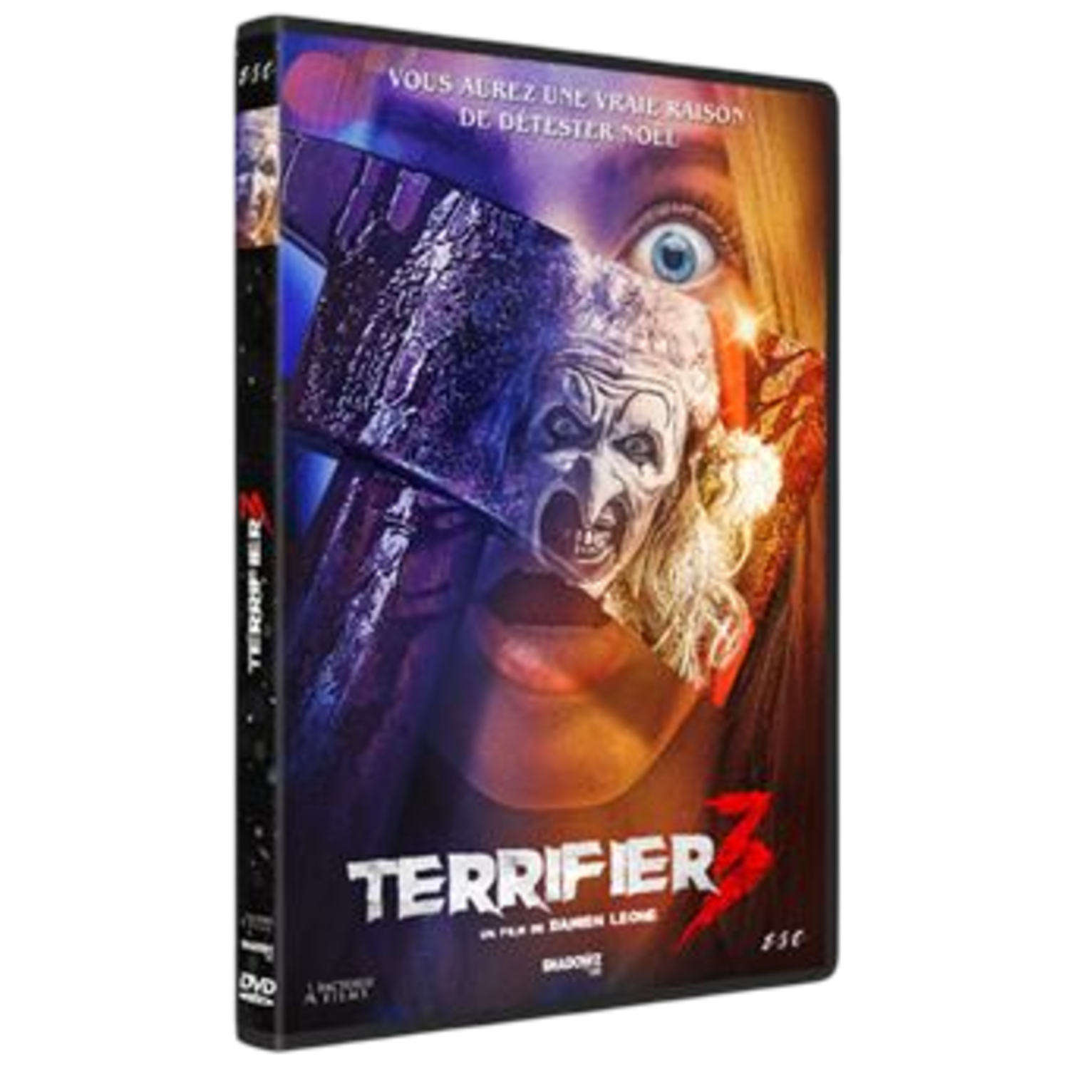 DVD-hoes voor Terrifier 3. Een enge clown en een vrouwenoog worden getoond. De titel staat op de hoes.