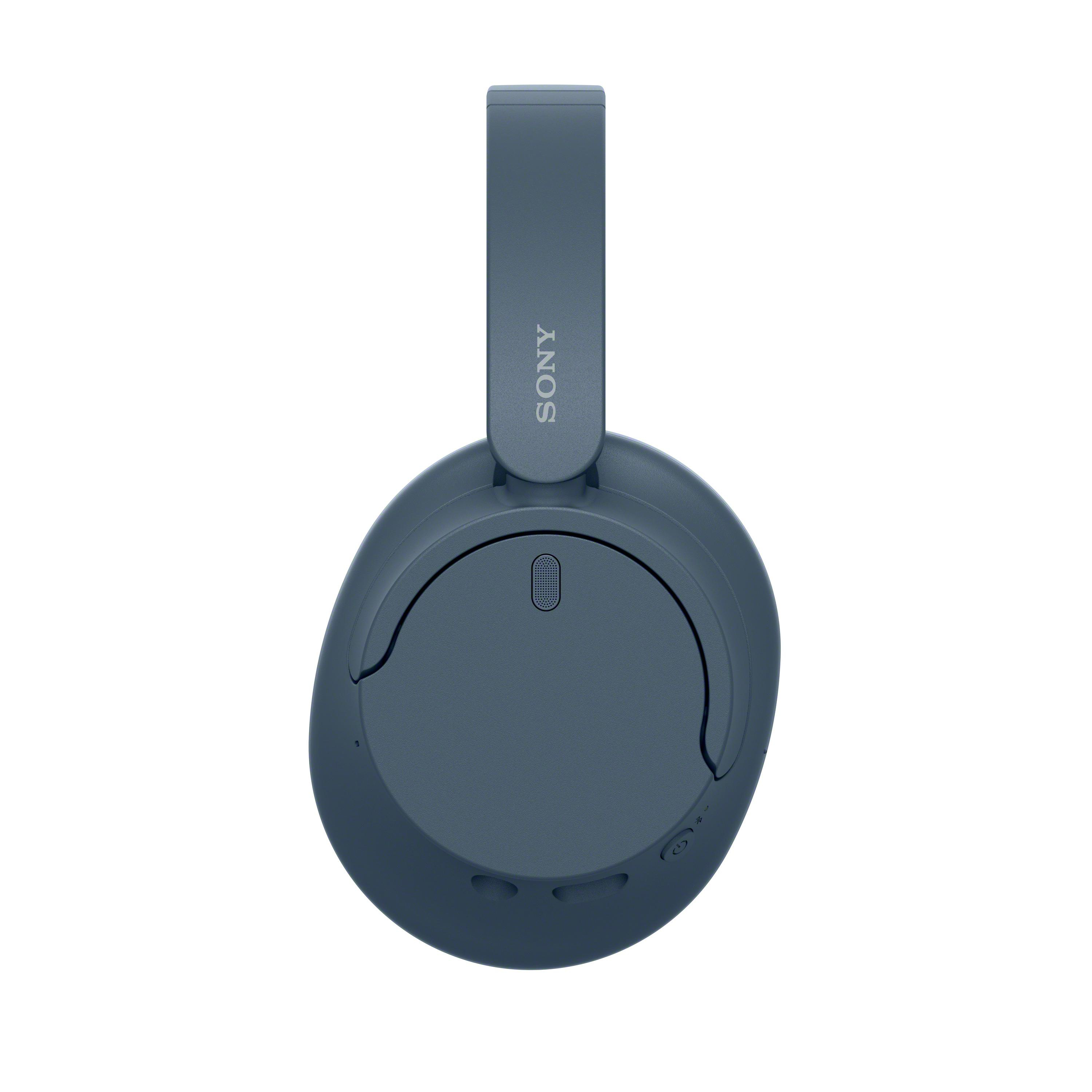 Blaue Sony-Kopfhörer, Draufsicht. Ohrmuscheln, Kopfband mit Sony-Logo und Bedienelemente.