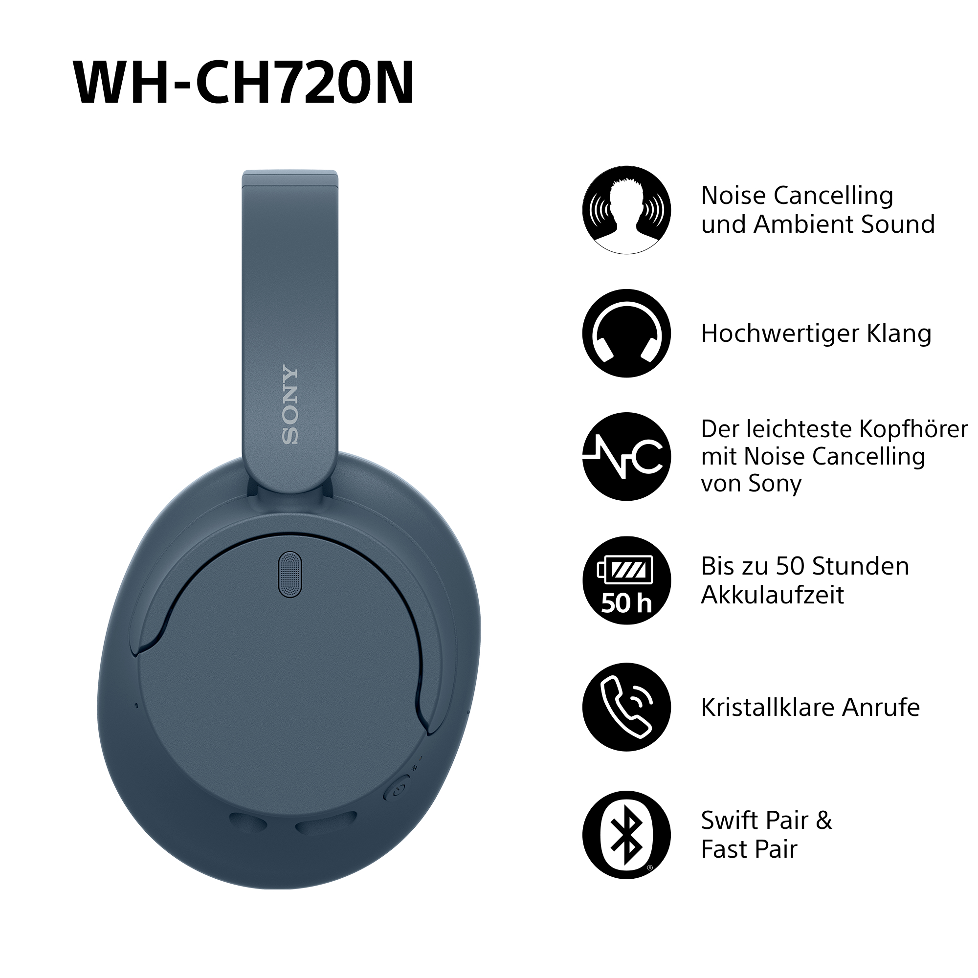 Blaue Sony WH-CH720N Kopfhörer mit Symbolen für Funktionen wie Geräuschunterdrückung und Akkulaufzeit.