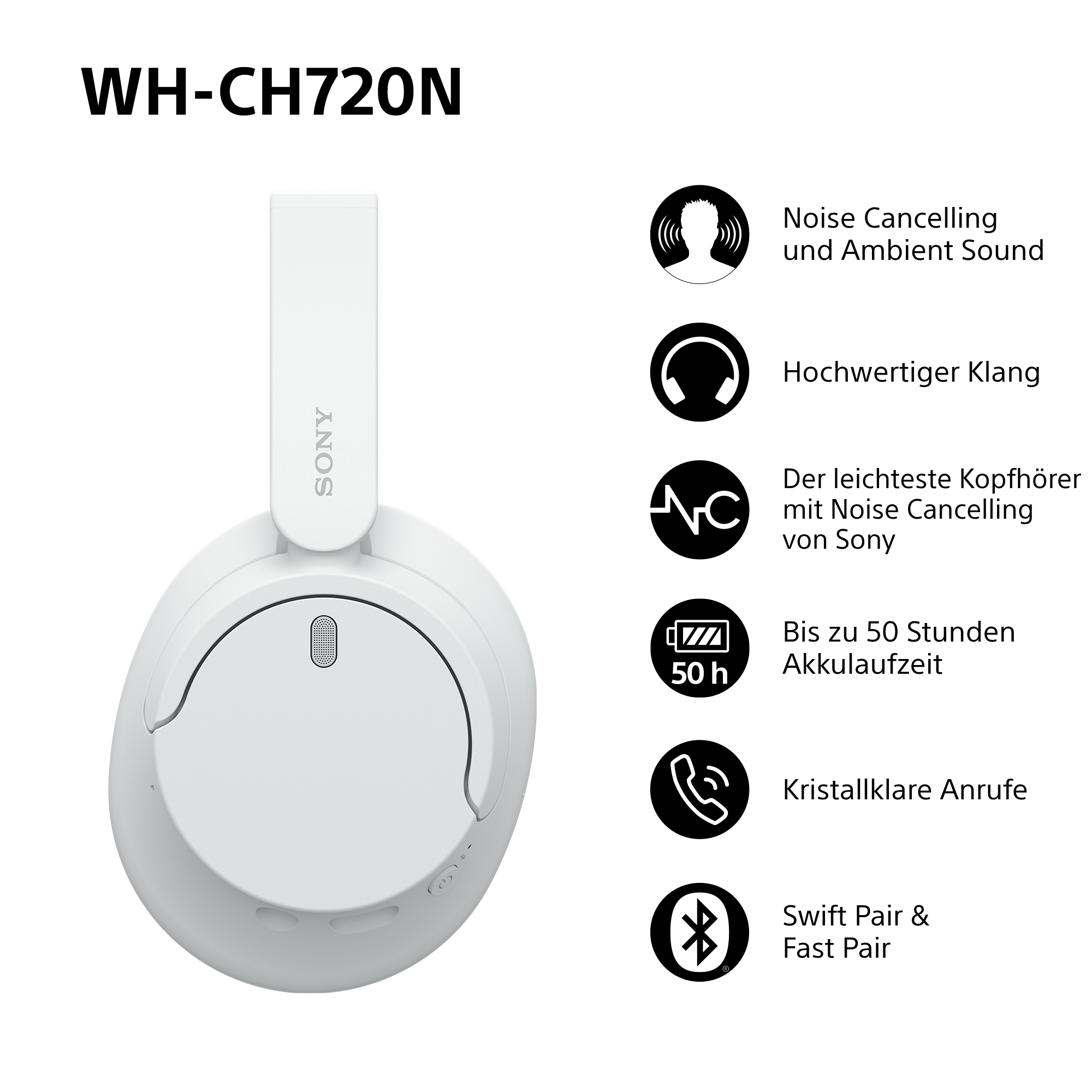 SONY WH-CH720N, Over-ear Kopfhörer Bluetooth White | SATURN